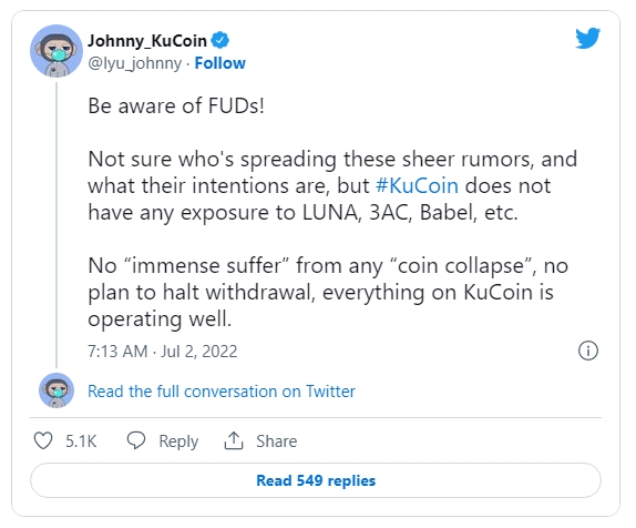 2022 07 02 16 51 59 KuCoin CEO slams insolvency rumors citing no plan to halt withdrawal - مدیرعامل KuCoin شایعات مربوط به ورشکستگی را رد کرد