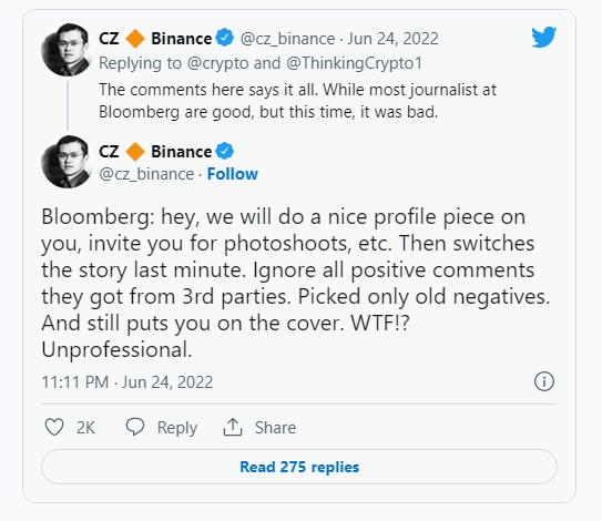 2022 07 26 17 59 42 Binance sues Bloomberg over defamatory statements against CZ - بایننس از بلومبرگ به دلیل "اظهارات افتراآمیز" علیه CZ شکایت کرد