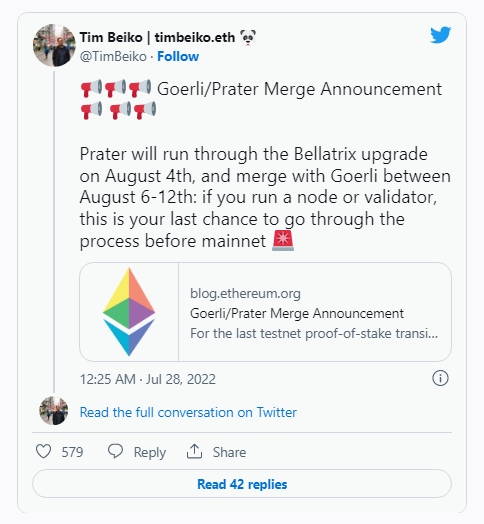 2022 07 28 17 52 43 Ethereum 2.0 draws closer Goerli testnet merge slated for August - اتریوم 2.0 نزدیک‌تر می‌شود، ادغام تست نت Goerli برای ماه آگوست در نظر گرفته شده است