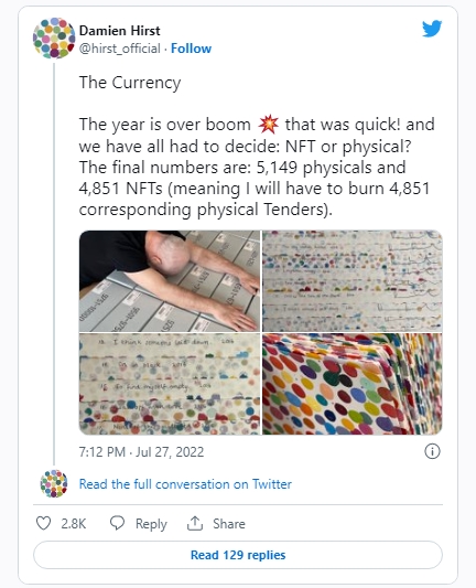 2022 07 28 18 19 28 Damien Hirst chooses NFTs will burn all 1000 of his physical Currency art pi - دیمین هرست NFTها را انتخاب می‌کند و تمام 1000 قطعه هنری فیزیکی خود را می‌سوزاند