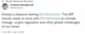 imf tweet 300x119 - همکاری صندوق بین‌المللی پول با هند برای تنظیم مقررات رمزارزها